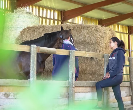 Coach Caroline Wyss mit einer Coaching-Teilnehmerin und einem Pferd